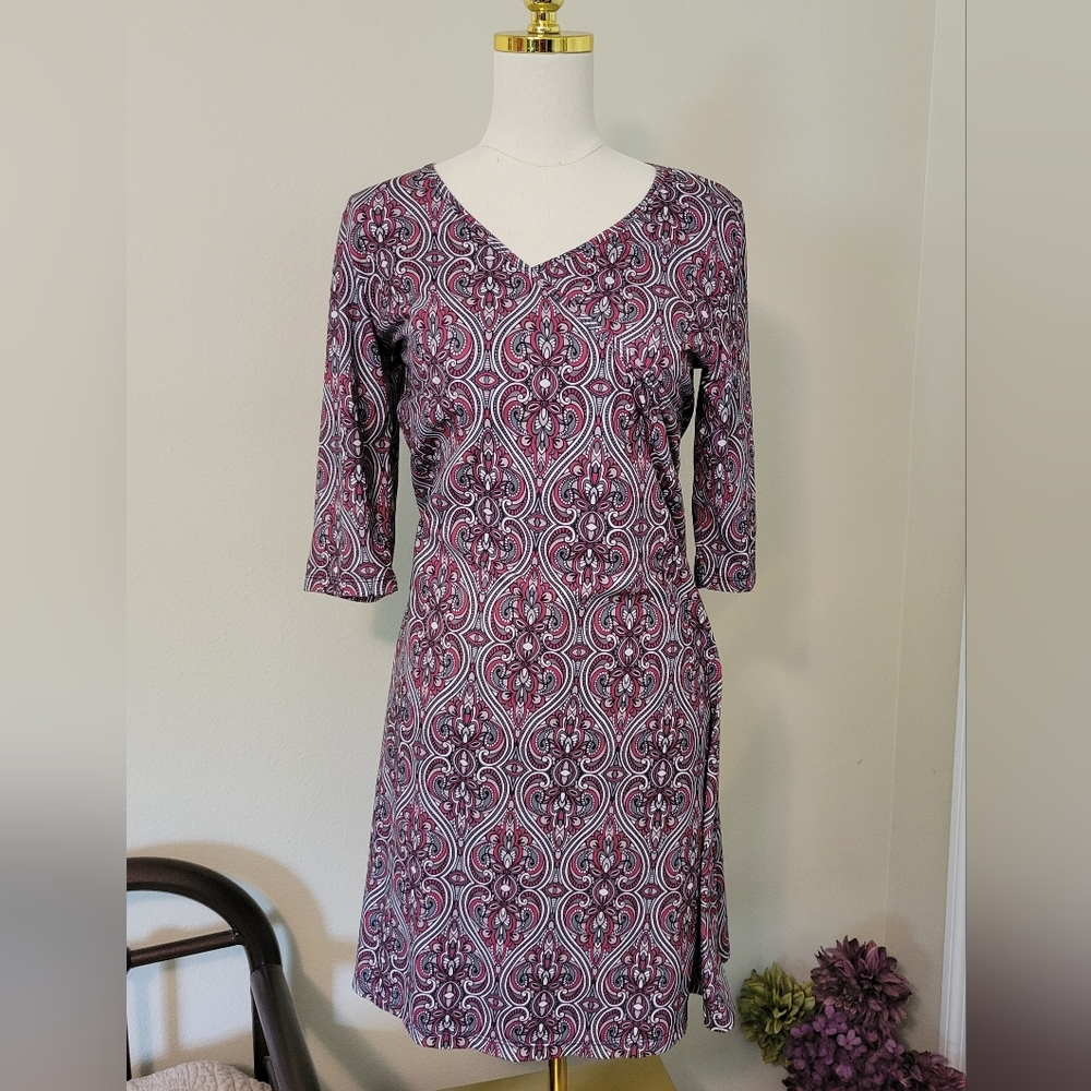 Prana Raspberry Pink Gray Black Dress Stretch XL Pre-loved 3/4 Sleeve